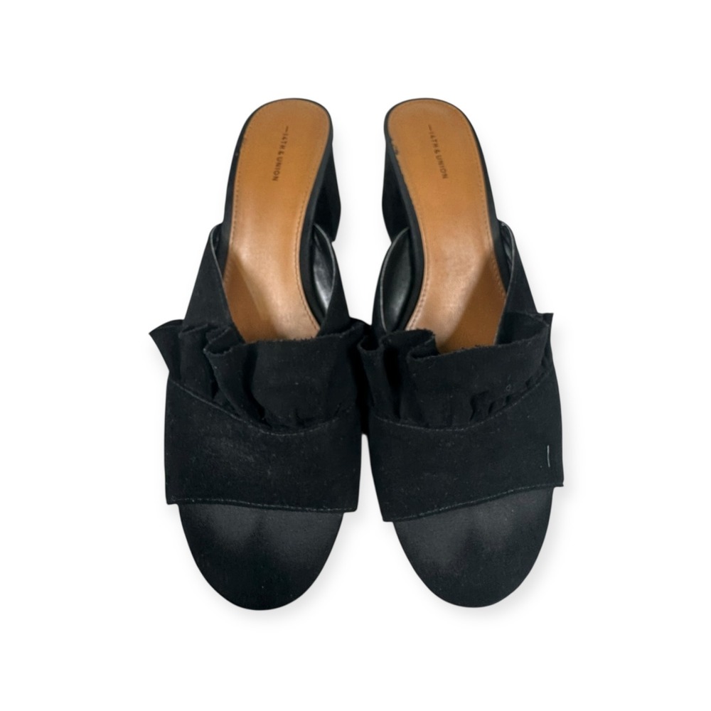 14th & Union Ruffle‎ Mules Block Heel Slip On Sandals Black Fabric 8.5M
